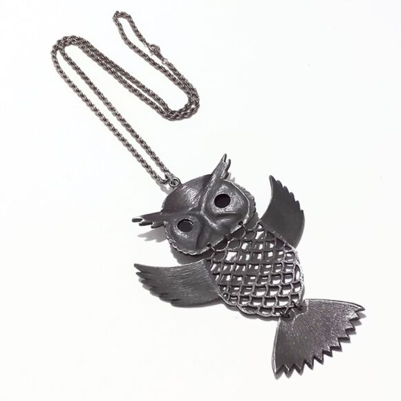 Large Open Wing Pewter Articulated Owl Vintage Pendant Necklace * - Picture 7 of 7